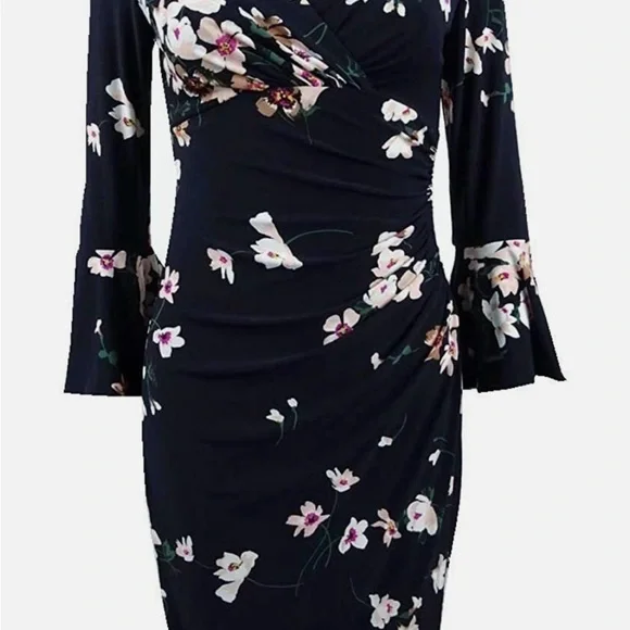 Ralph Lauren Floral Stretch Dress with Bell Sleeves | Lighthouse Navy | Size 12 - Picture 3 of 7